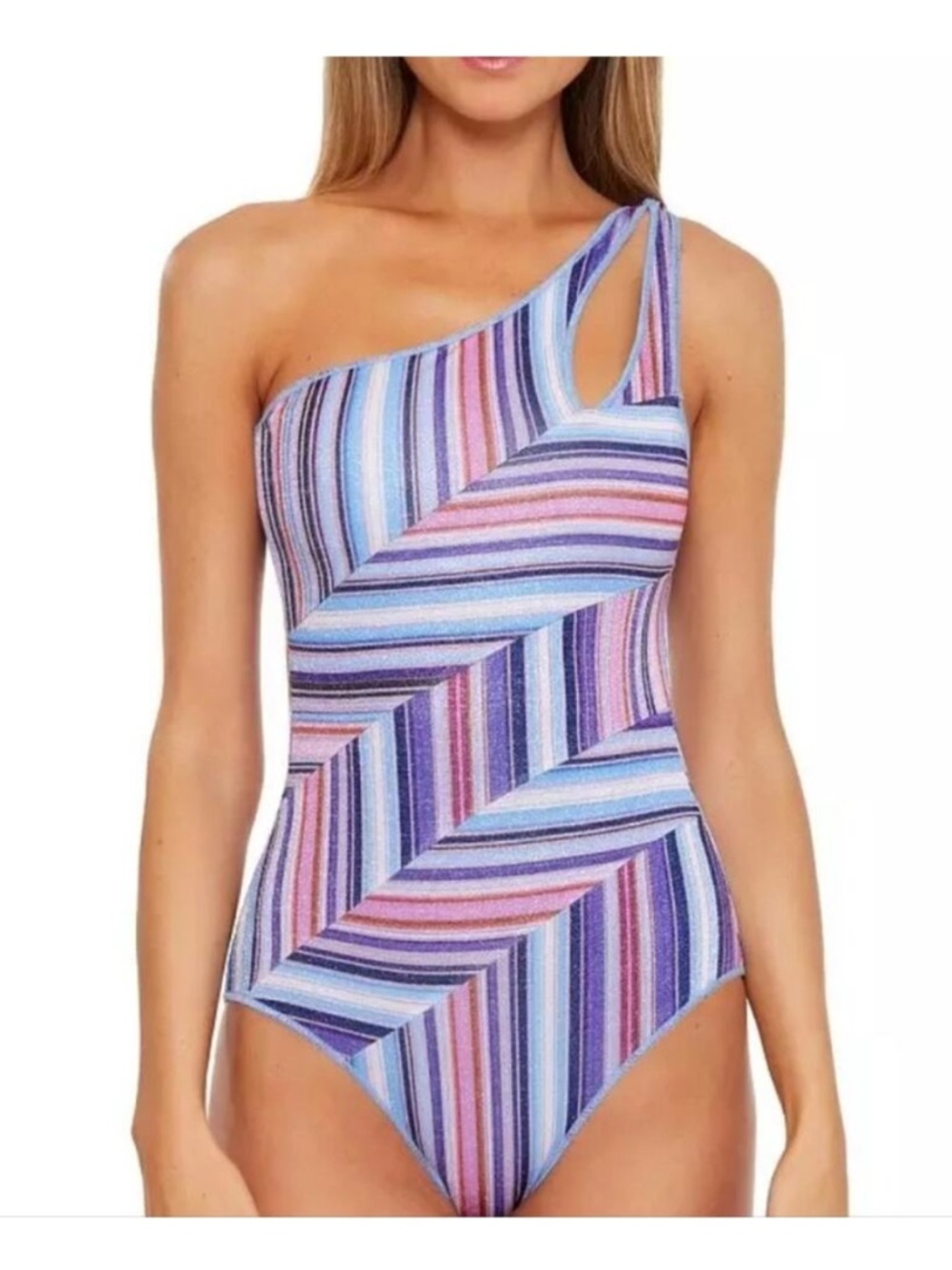 BECCA One-Shoulder Striped One-Piece Swimsuit in Blue, Purple, Pink